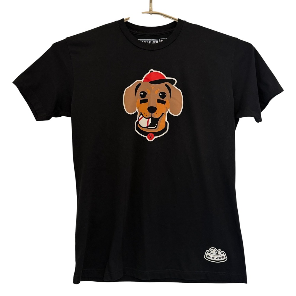 Baseballism Mens Black Bow Wow Dachshund Baseball Graphic T-Shirt Large